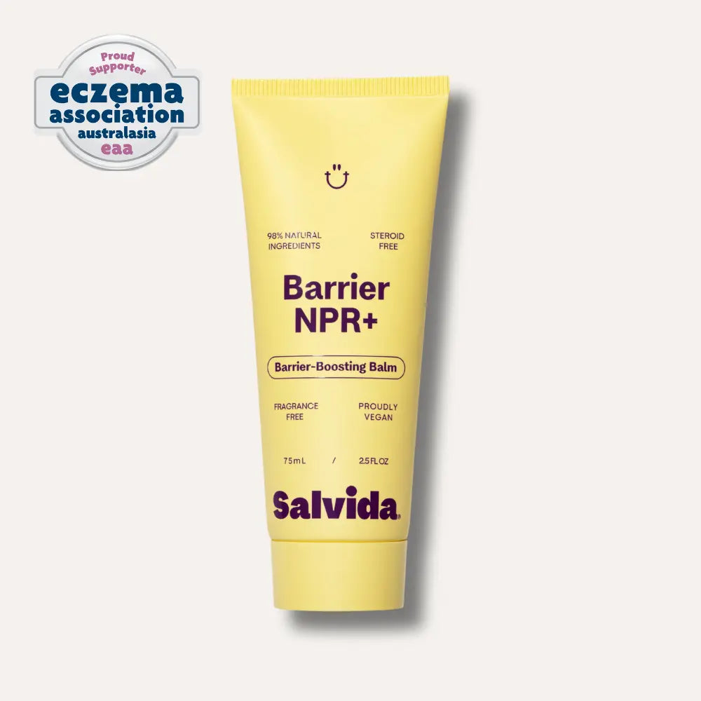 Salvida Barrier NPR+ Barrier-Boosting Balm, a 75 mL yellow tube, with the Eczema Association Australasia proud supporter badge