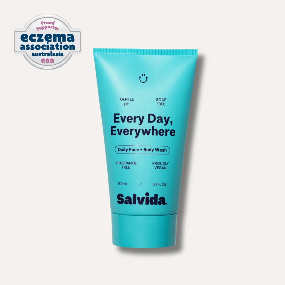 Salvida Every Day, Everywhere Daily Face + Body Wash 150 mL tube with the Eczema Association Australasia proud supporter badge