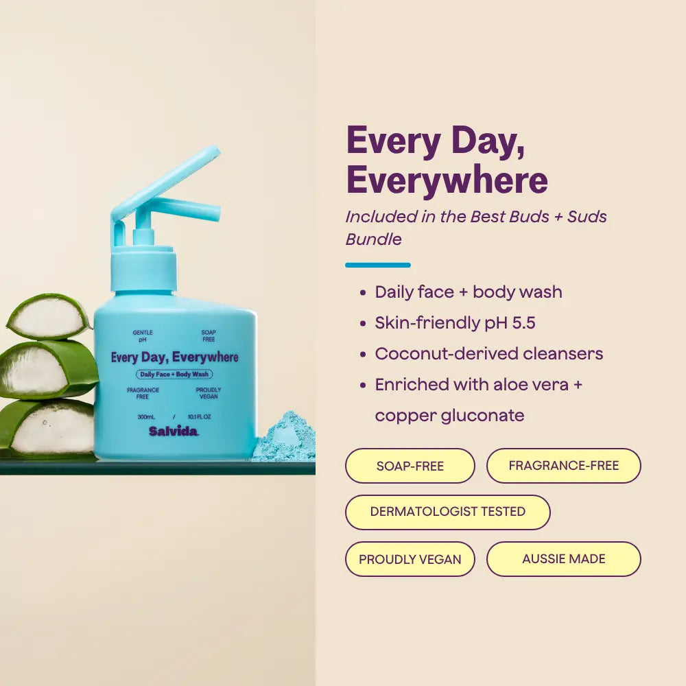 Every Day, Everywhere, included in the Best Buds + Suds Bundle: soap-free, fragrance-free face + body wash with a skin-friendly pH of 5.5