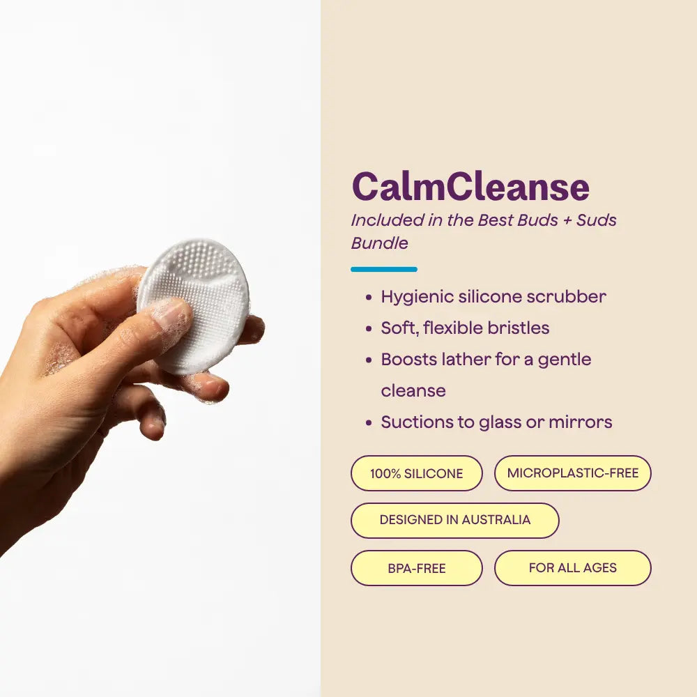 CalmCleanse, included in the Best Buds + Suds Bundle: a hygienic silicone scrubber with soft, flexible bristles