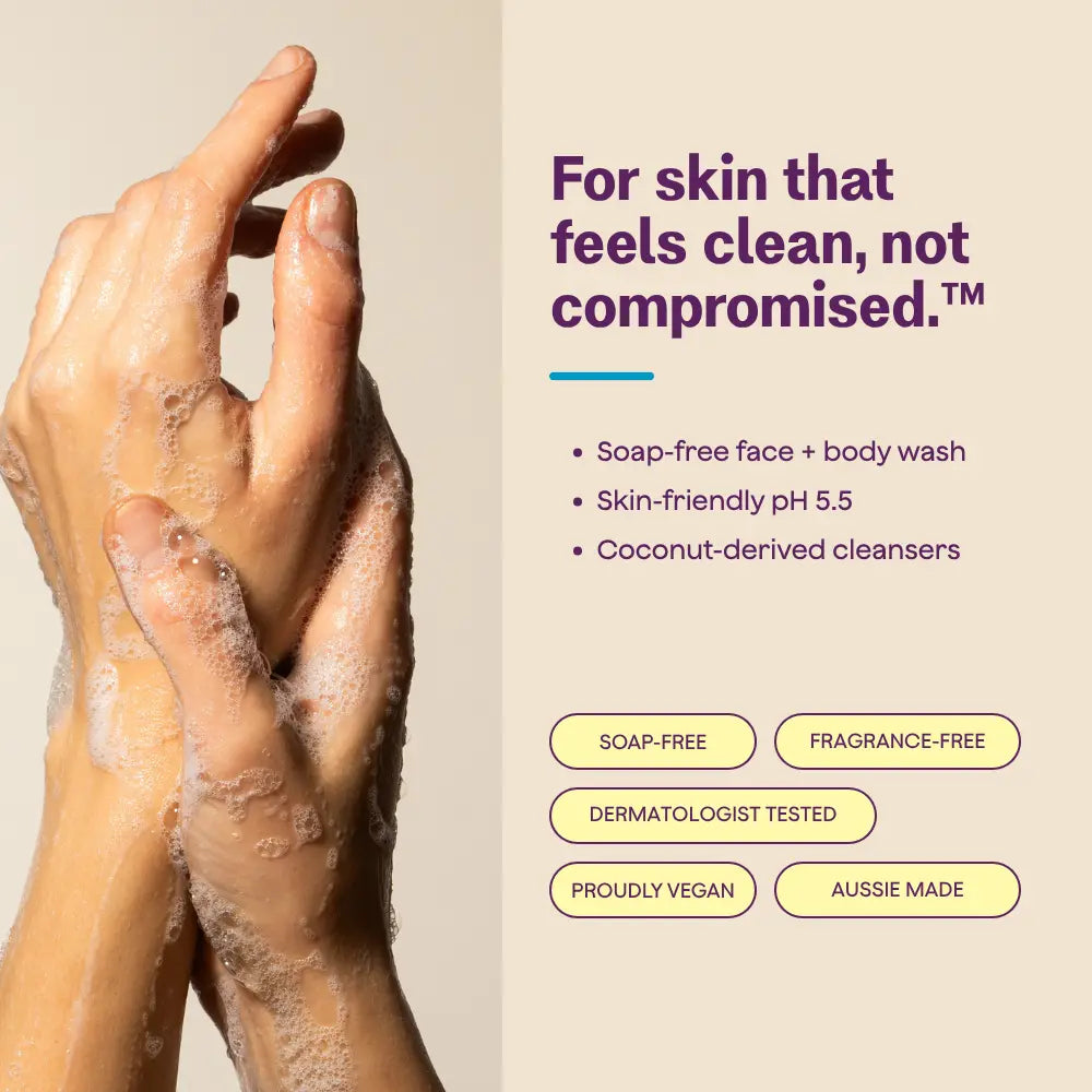 Hands lathering Salvida Every Day, Everywhere: a soap-free face and body wash with skin-friendly pH 5.5 and coconut-derived cleansers. Fragrance-free, dermatologist tested, vegan and Aussie made