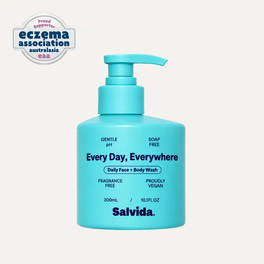 Salvida Every Day, Everywhere Daily Face + Body Wash 300 mL pump pack with the Eczema Association Australasia proud supporter badge