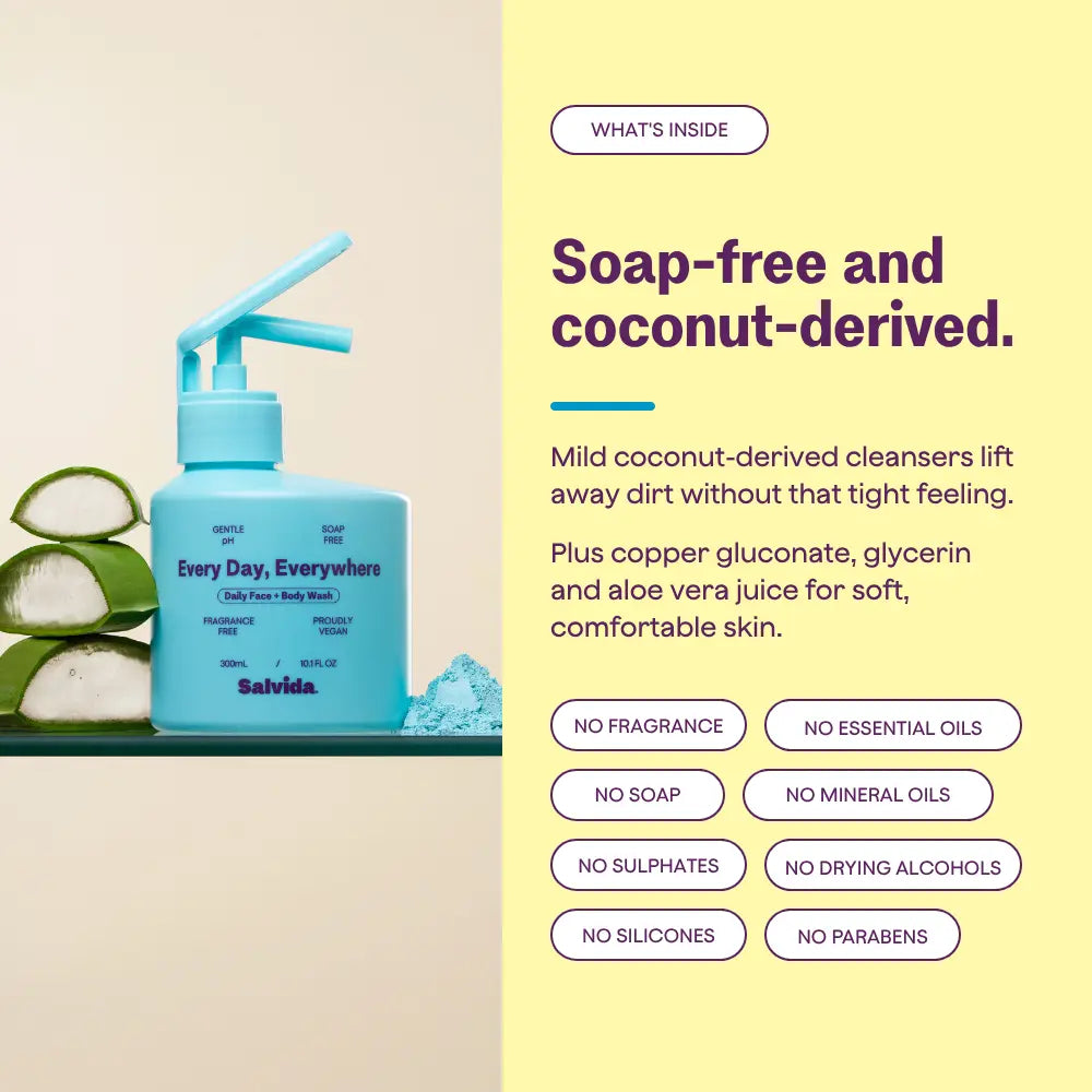What's inside Salvida Every Day, Everywhere: soap-free coconut-derived cleansers plus copper gluconate, glycerin and aloe vera juice, with no fragrance, essential oils, soap, mineral oils, sulphates, drying alcohols, silicones or parabens