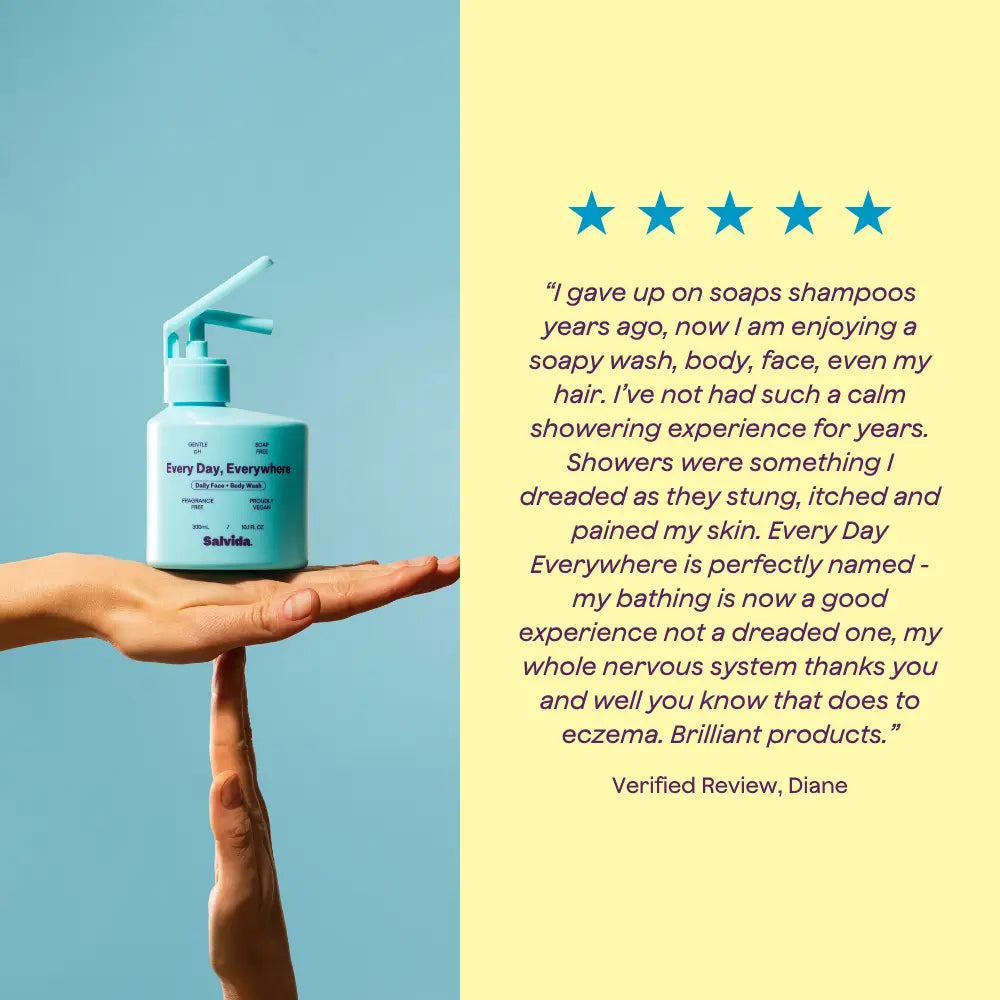 Five-star verified review of Salvida Every Day, Everywhere from Diane, who says showers are now a calm experience for her skin