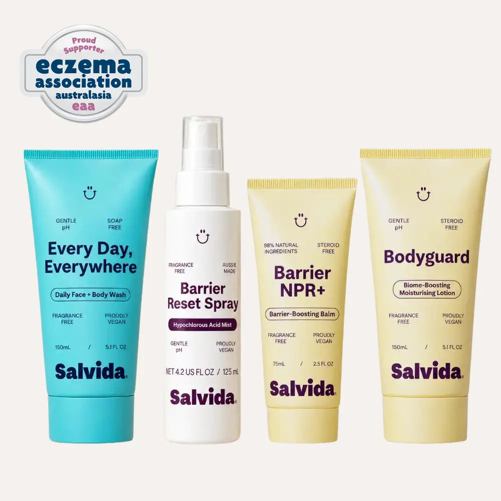 Salvida Daily Essentials Bundle: Every Day, Everywhere wash, Barrier Reset Spray, Barrier NPR+ balm and Bodyguard lotion, with the Eczema Association Australasia proud supporter badge