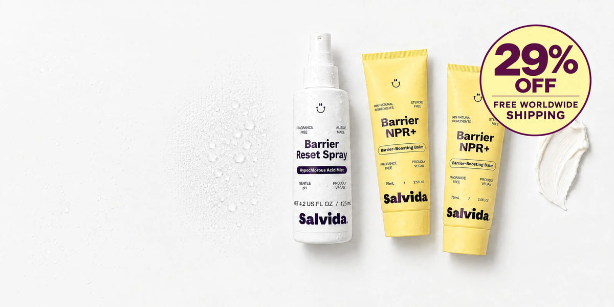 Salvida Barrier Reset Spray and two Barrier NPR+ tubes lined up together with a 29% off and free worldwide shipping badge