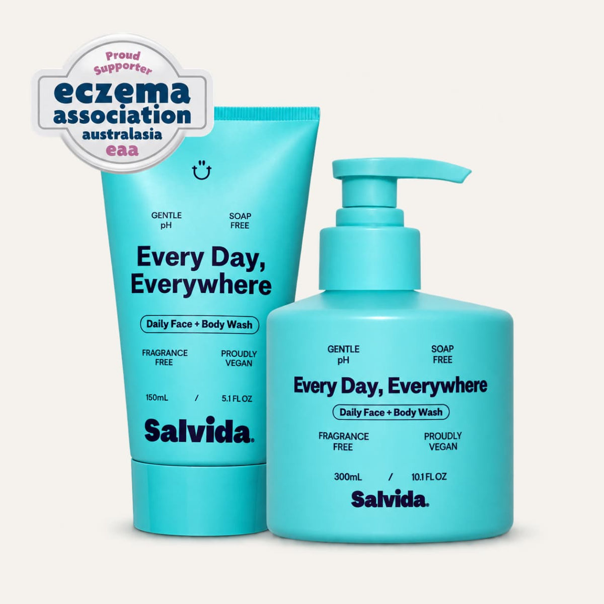 Salvida Every Day, Everywhere 150mL tube and 300mL pump pack, with the Eczema Association Australasia proud supporter badge
