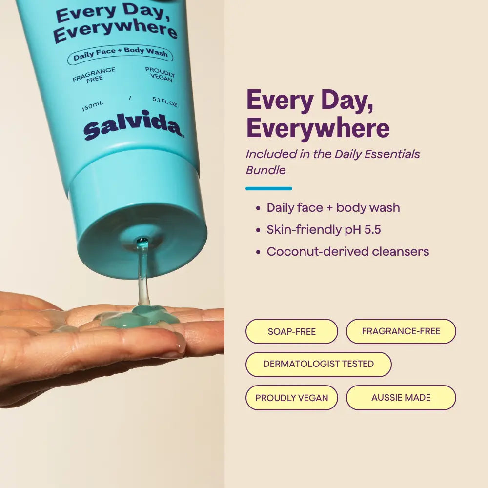 Every Day, Everywhere, included in the Daily Essentials Bundle: daily face and body wash with skin-friendly pH 5.5 and coconut-derived cleansers. Soap-free, fragrance-free and vegan