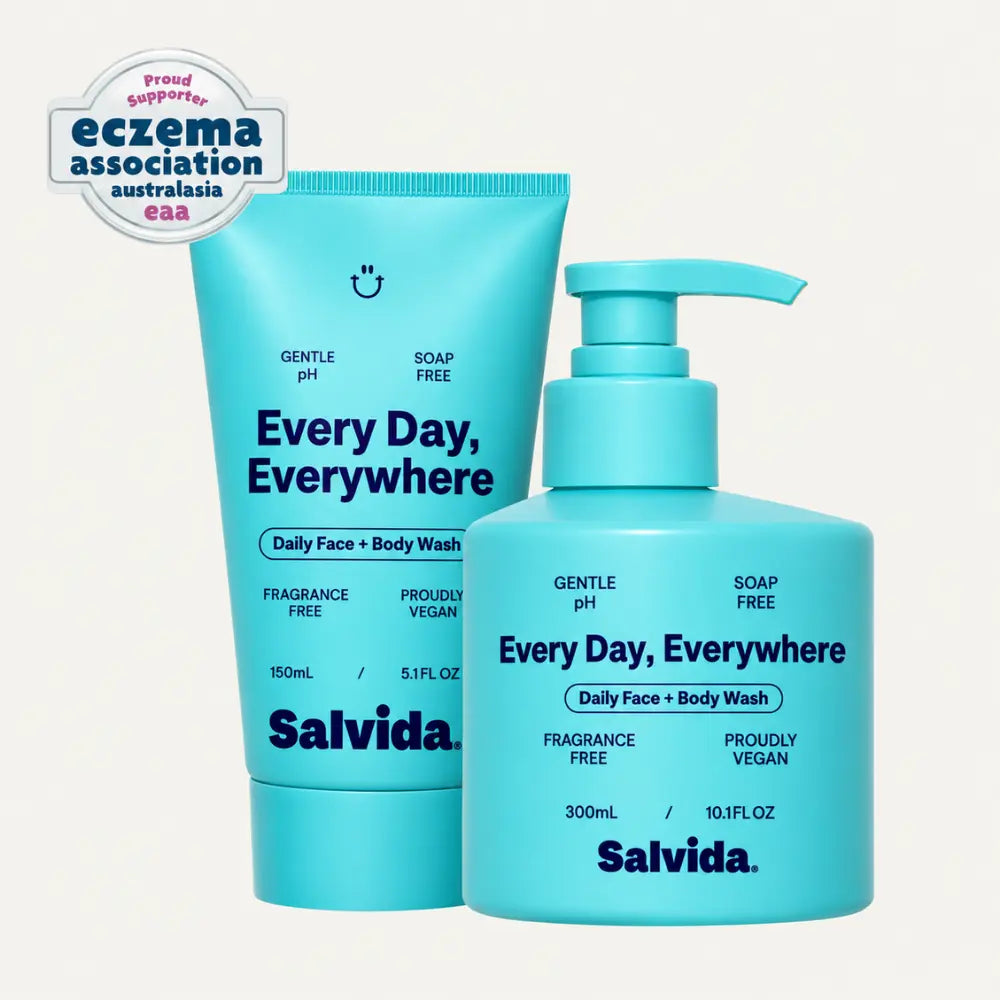 Salvida Every Day, Everywhere Daily Face + Body Wash in a 150 mL tube and a 300 mL pump pack, with the Eczema Association Australasia proud supporter badge