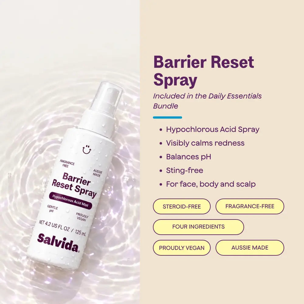 Barrier Reset Spray, included in the Daily Essentials Bundle: hypochlorous acid spray for face, body and scalp with four ingredients. Sting-free, steroid-free and fragrance-free