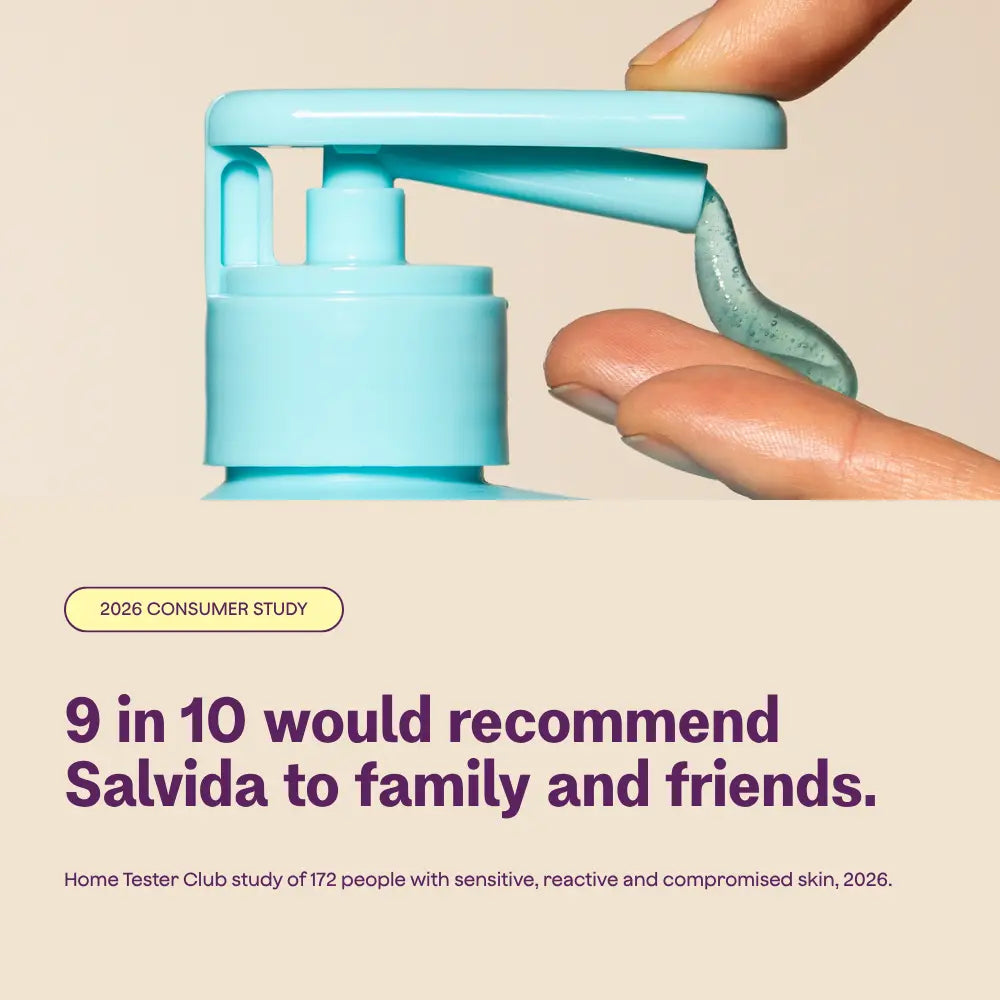 Salvida Every Day, Everywhere wash dispensed from the pump with the 2026 consumer study result: 9 in 10 would recommend Salvida to family and friends