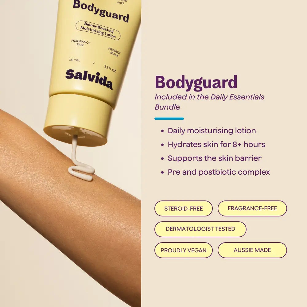 Bodyguard, included in the Daily Essentials Bundle: daily moisturising lotion that hydrates skin for 8+ hours with a pre and postbiotic complex. Steroid-free and fragrance-free