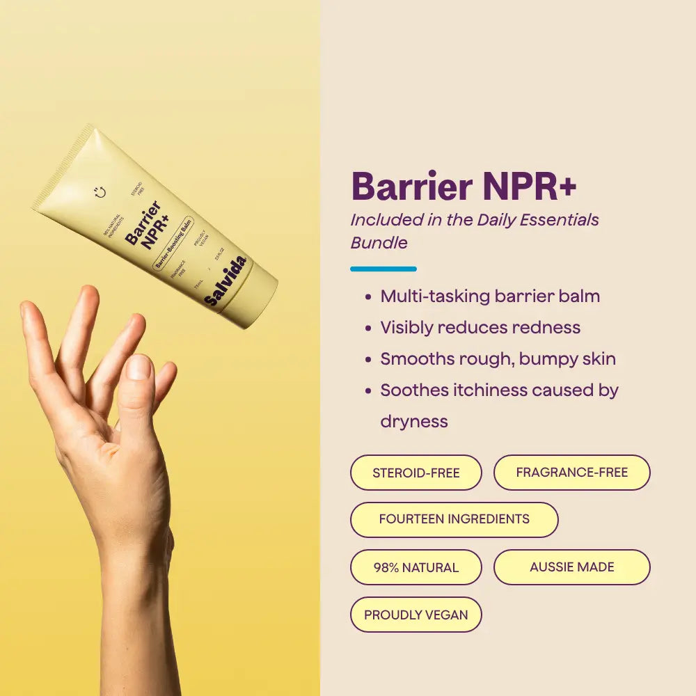 Barrier NPR+, included in the Daily Essentials Bundle: multi-tasking barrier balm that visibly reduces redness and smooths rough, bumpy skin. Fourteen ingredients, steroid-free and fragrance-free