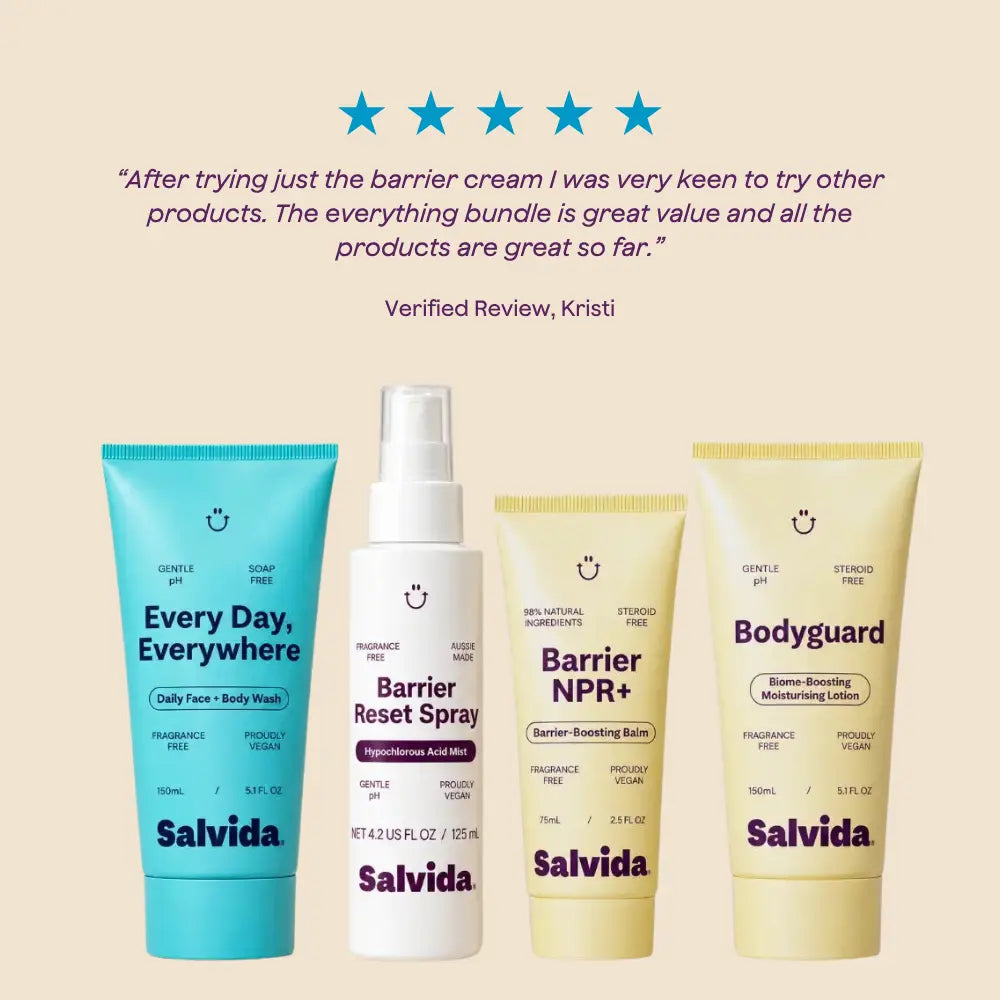 Five-star verified review from Kristi above the four Daily Essentials Bundle products: great value and all the products are great so far