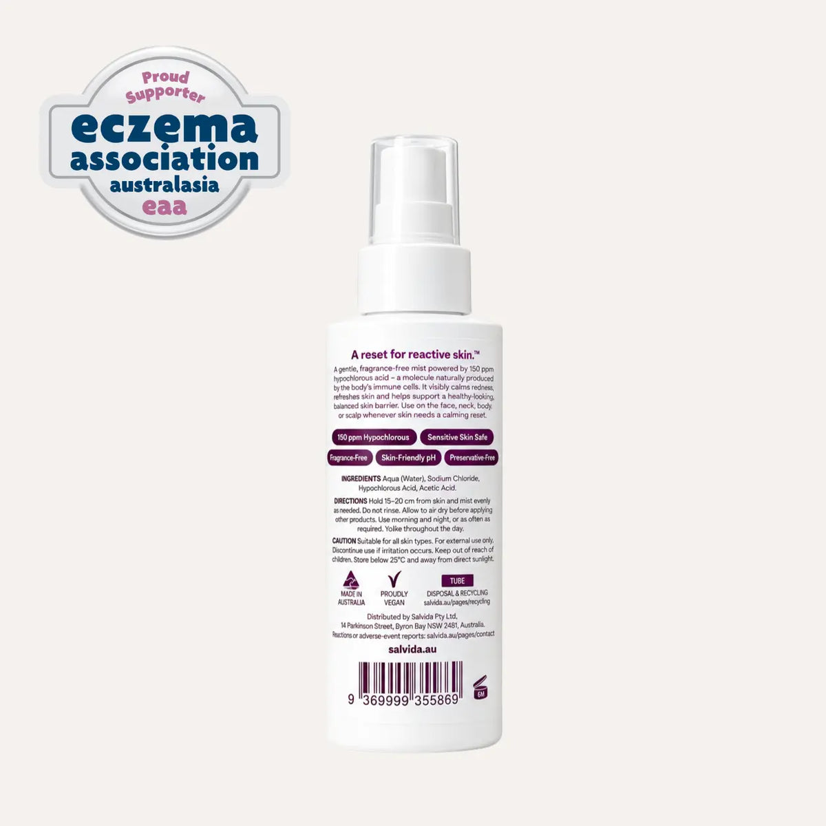 Back label of Salvida Barrier Reset Spray showing ingredients, directions and the Eczema Association Australasia supporter badge