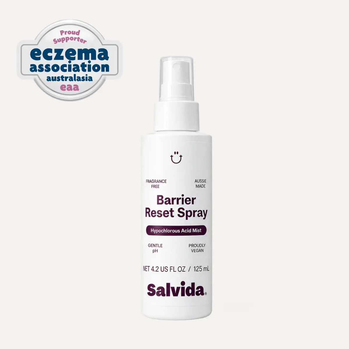 Salvida Barrier Reset Spray, a 125 mL fragrance-free hypochlorous acid mist in a white spray bottle