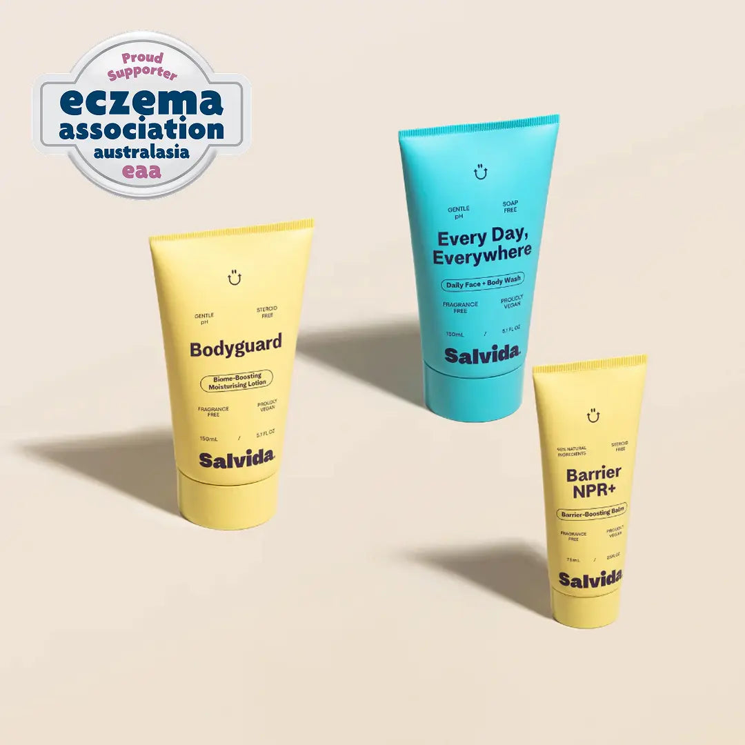 Three Salvida skincare products on a beige background with Eczema Association Australasia logo.