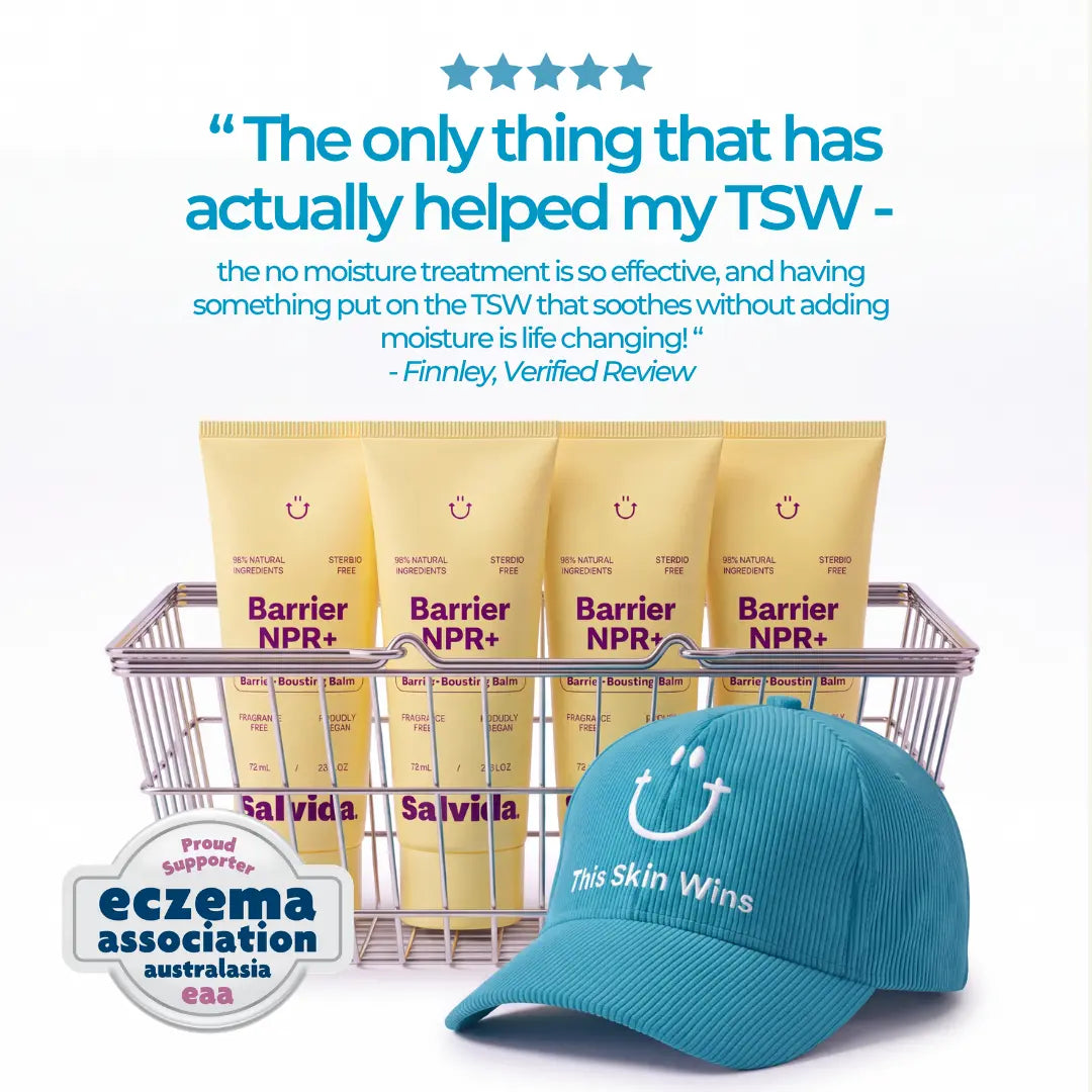 Four Barrier NPR+ tubes in a wire basket beside a teal This Skin Wins cap, with a five-star customer review and the Eczema Association Australasia proud supporter badge